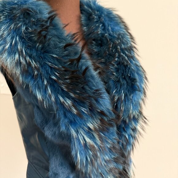 NWOT Blue Leather Vest Real Fox Fur S size - Picture 13 of 15